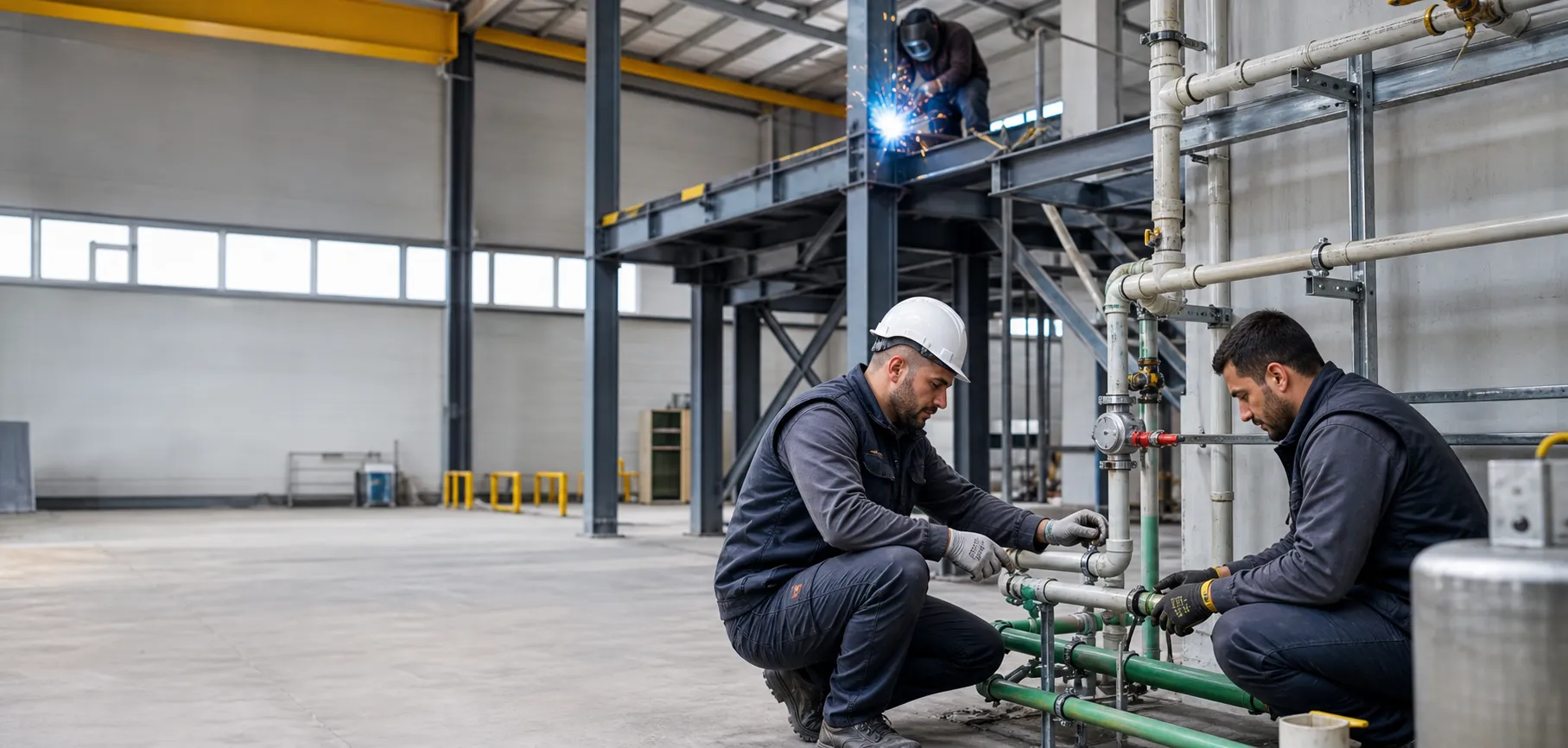 Fabrikada temiz su hattı montajı, arkada çelik platform kaynağı
